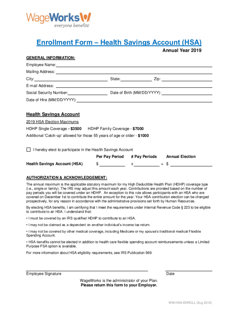 Fillable Online Enrollment Form Health Savings Account (HSA