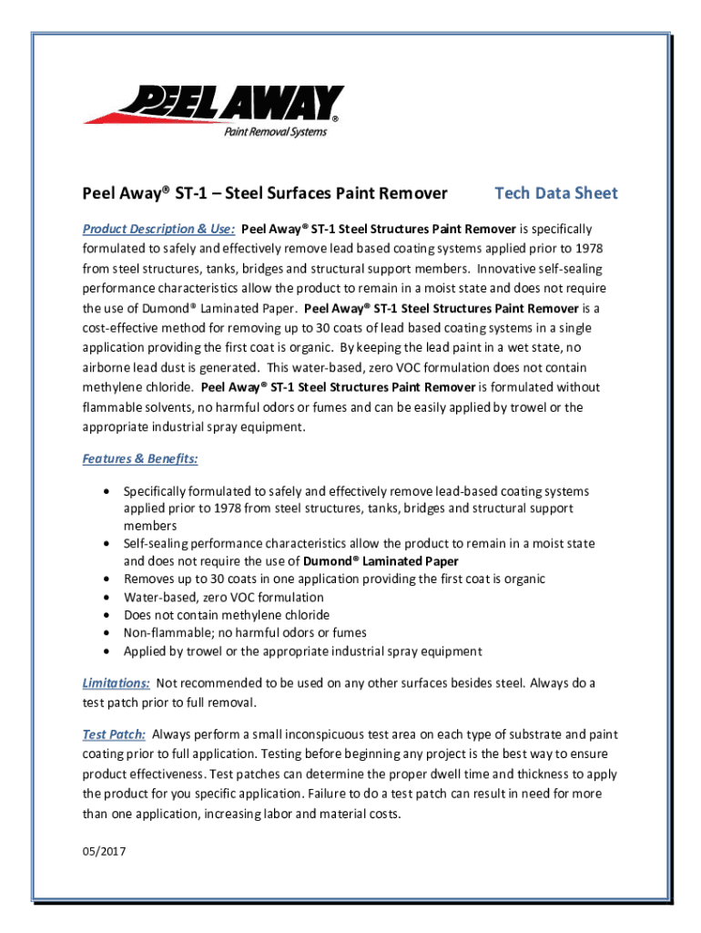 Fillable Online Peel Away ST1 Steel Surfaces Paint Remover Tech Data
