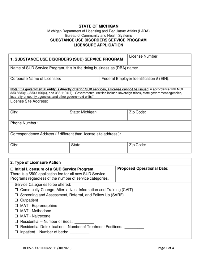 Fillable Online STATE OF MICHIGAN SUBSTANCE USE DISORDERS SERVICE