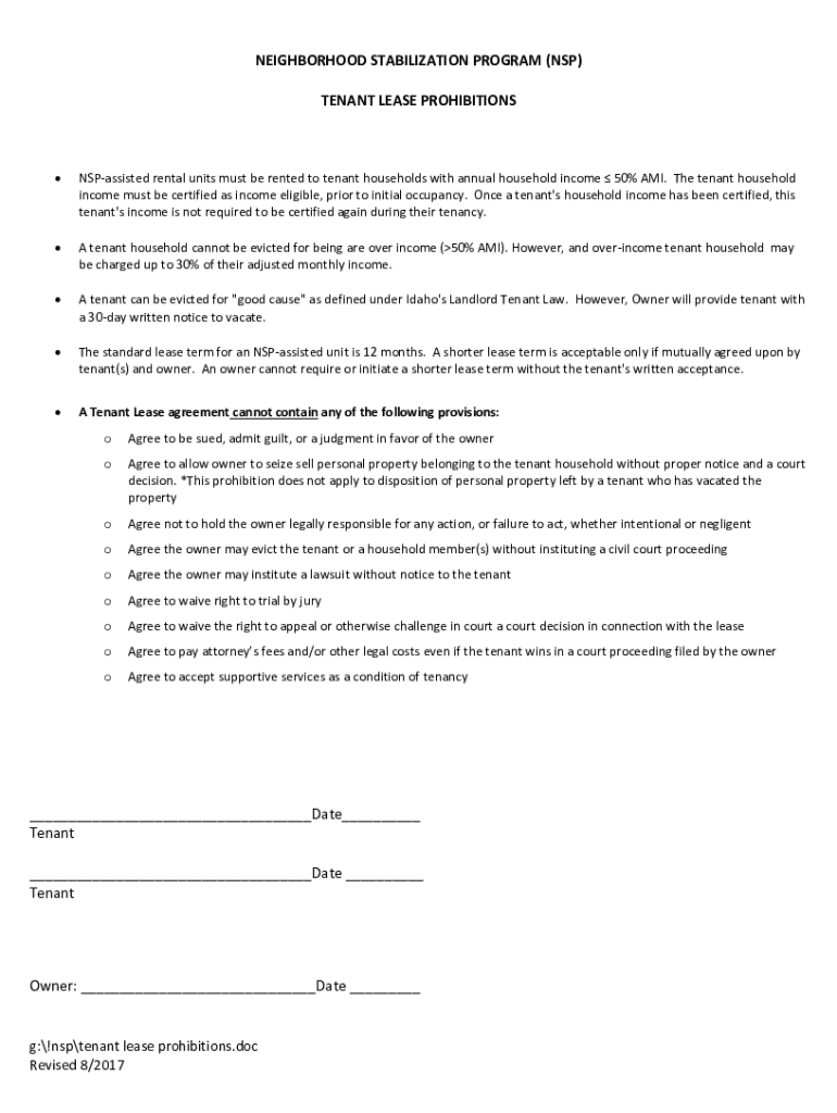 Fillable Online neighborhood stabilization program (nsp) tenant lease