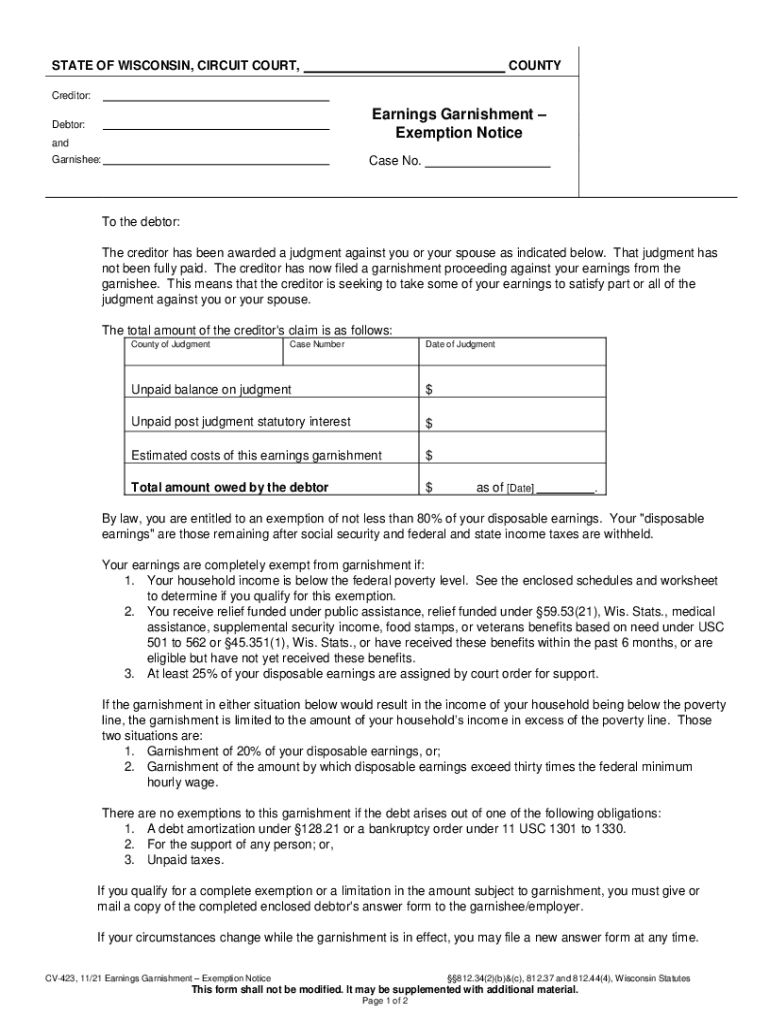 Wisconsin wage garnishment pdffiller Fill out & sign online DocHub