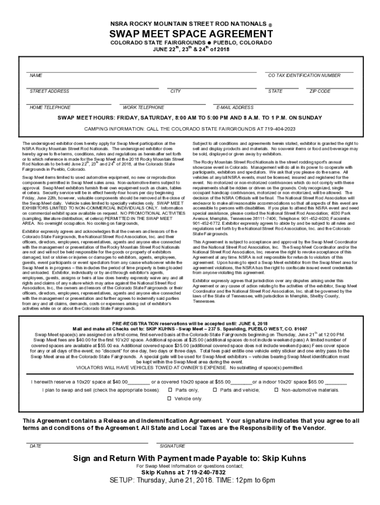 Fillable Online SWAP MEET SPACE AGREEMENT Fax Email Print pdfFiller