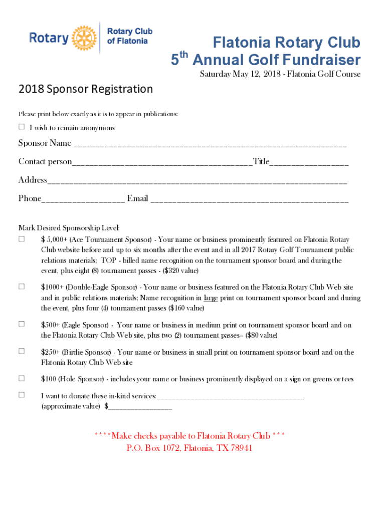 Fillable Online Flatonia Rotary Club 5 Annual Golf Fundraiser Fax