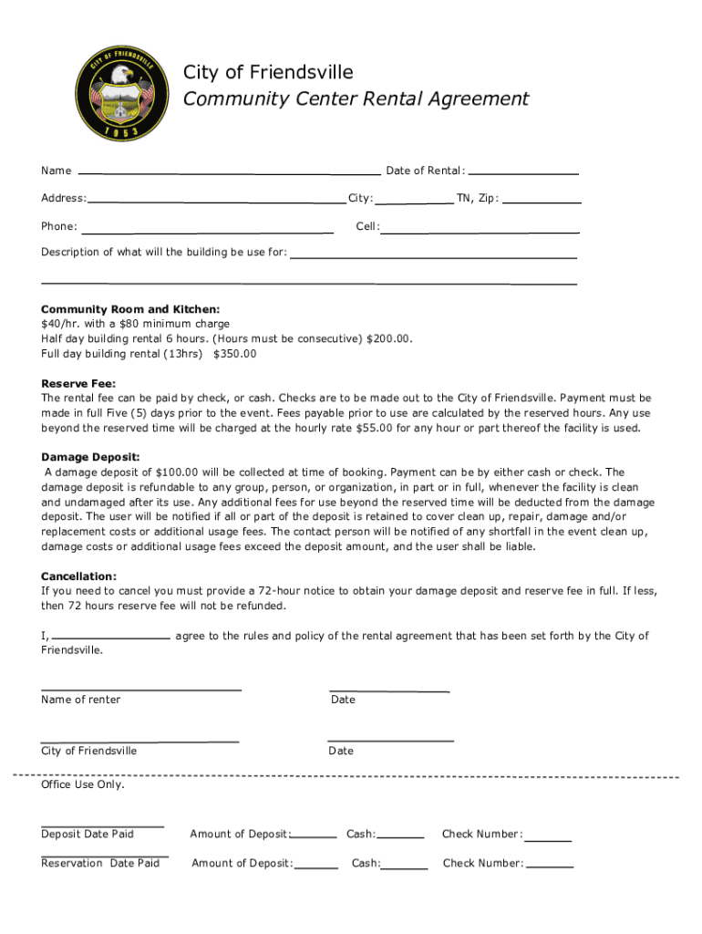 Fillable Online City of Friendsville Community Center Rental Agreement
