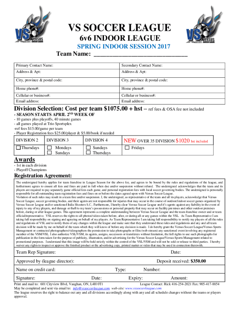 Fillable Online High School 6v6 Leagues Winchester Indoor Soccer