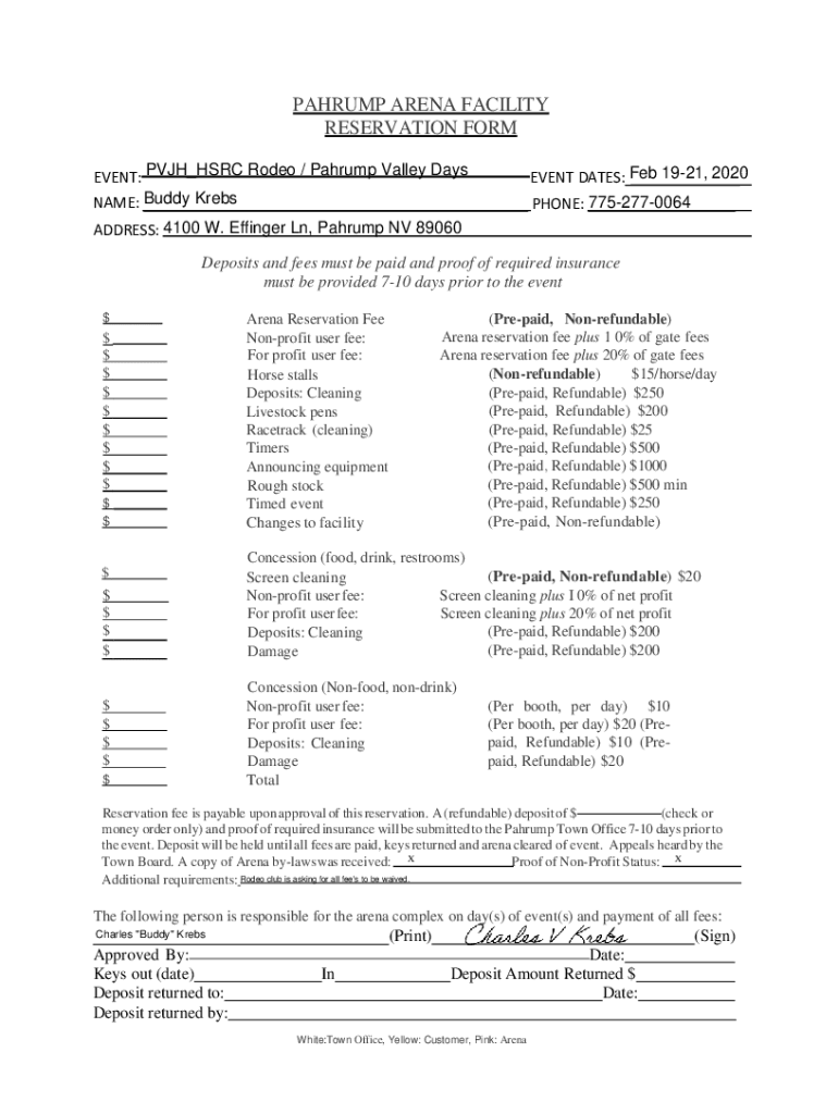 Fillable Online PAHRUMP ARENA FACILITY RESERVATION FORM Fax Email Print