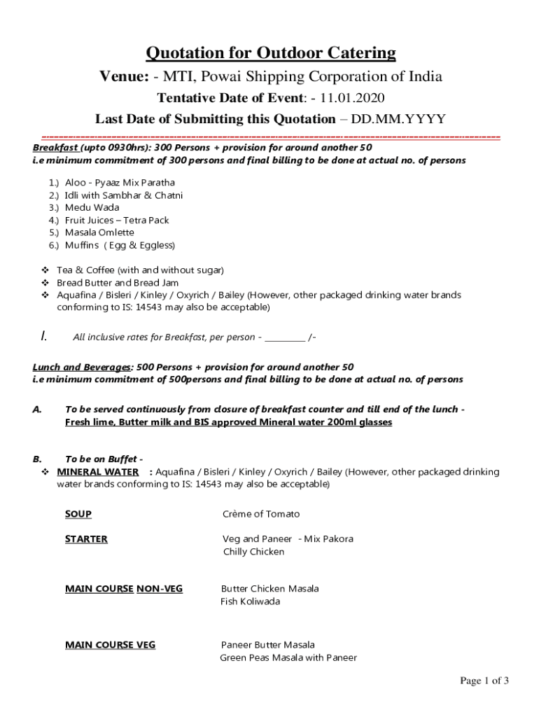 Fillable Online Catering Services Tenders Tender Bulletins11