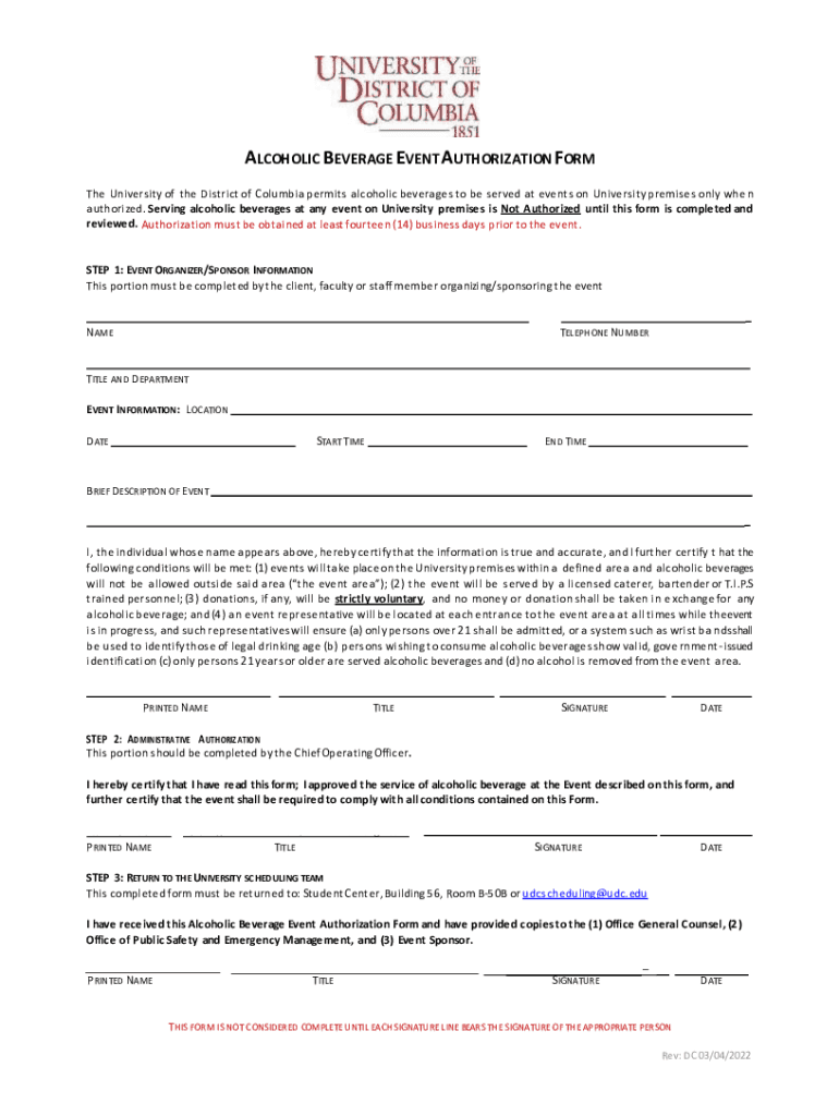 Fillable Online ALCOHOLIC BEVERAGE EVENT AUTHORIZATION FORM Fax Email
