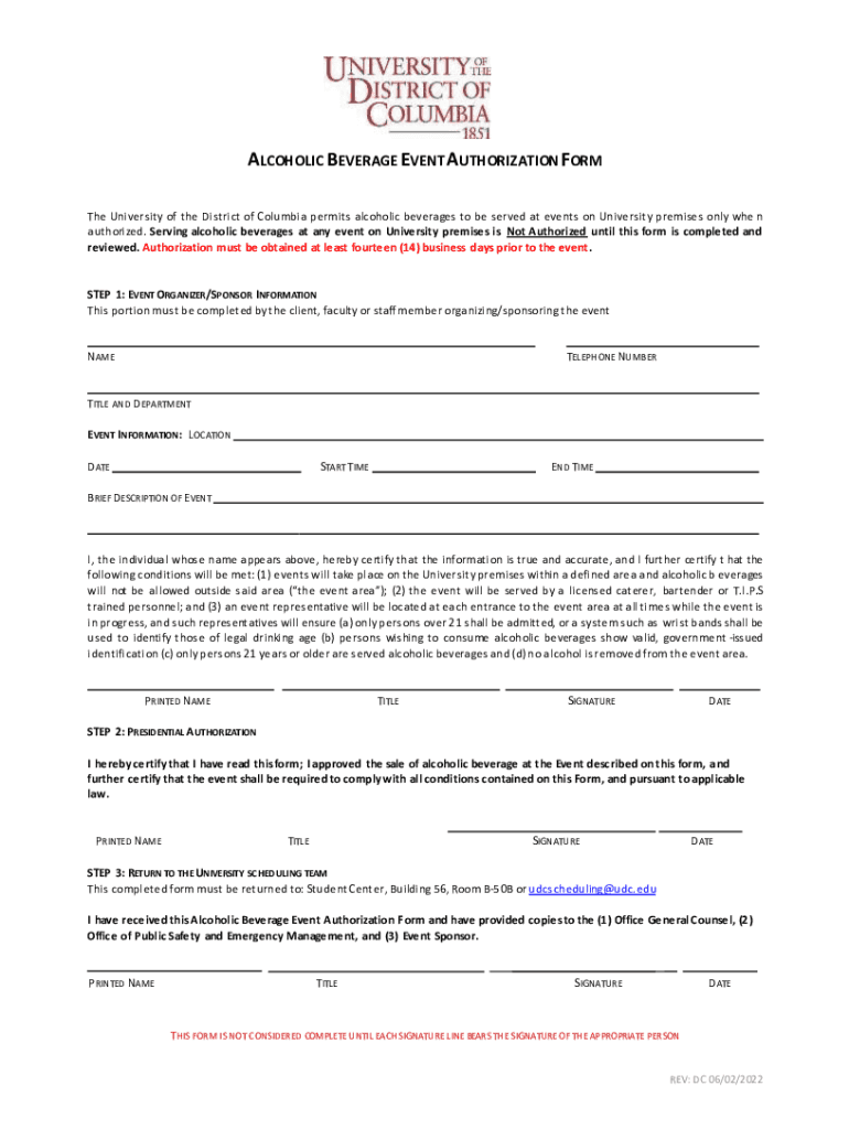 Fillable Online ALCOHOLIC BEVERAGE EVENT AUTHORIZATION FORM For Sale