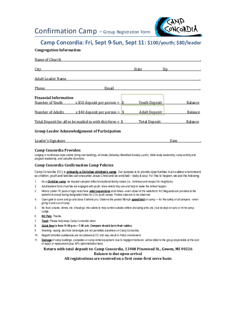 Fillable Online 2022.09.09 Confirmation Camp Registration Form Camp Concordia Fax Email Print