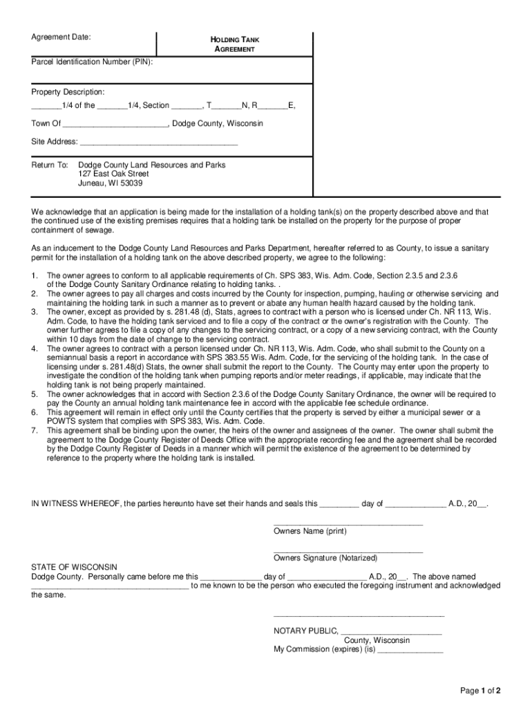 Fillable Online Agreement Date HOLDING TANK AGREEMENT Parcel