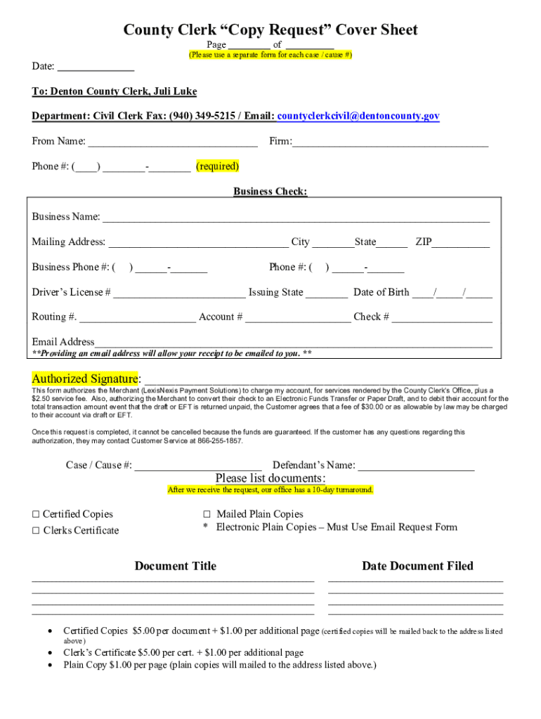 Fillable Online Fillable County Clerk Email Copy Request Cover Sheet