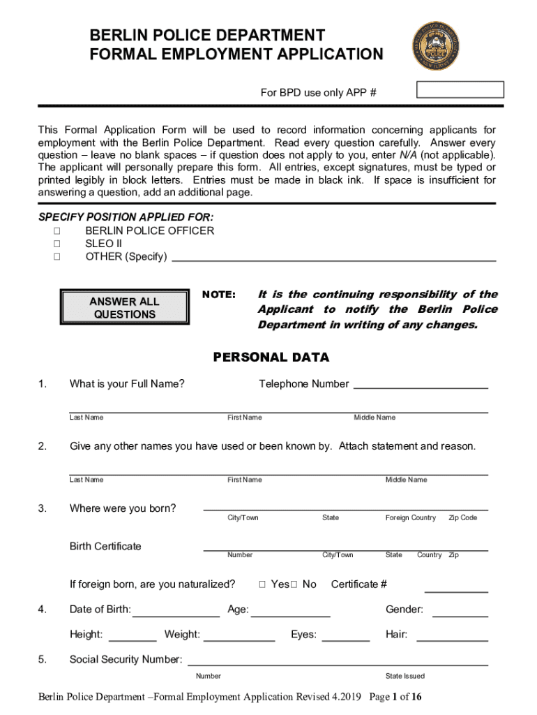 Fillable Online Employment Town of BerlinEmployment Town of