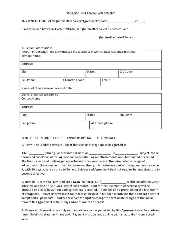 Fillable Online 20+ Free Storage Unit Lease (Rental) Agreement Forms