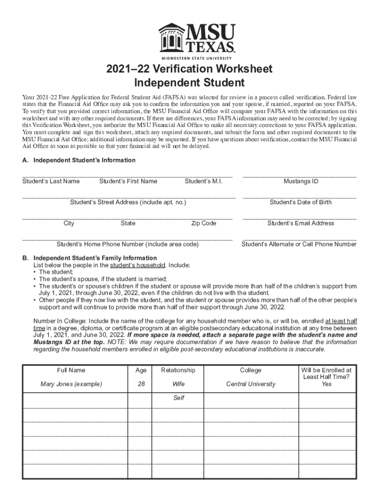 Fillable Online 202122 Verification Worksheet Independent Student MSU