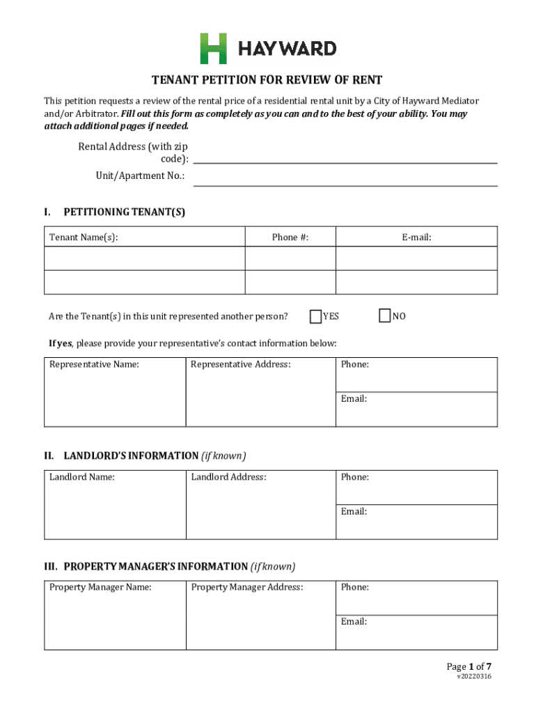 Fillable Online TENANT PETITION FOR REVIEW OF RENTCity of Hayward