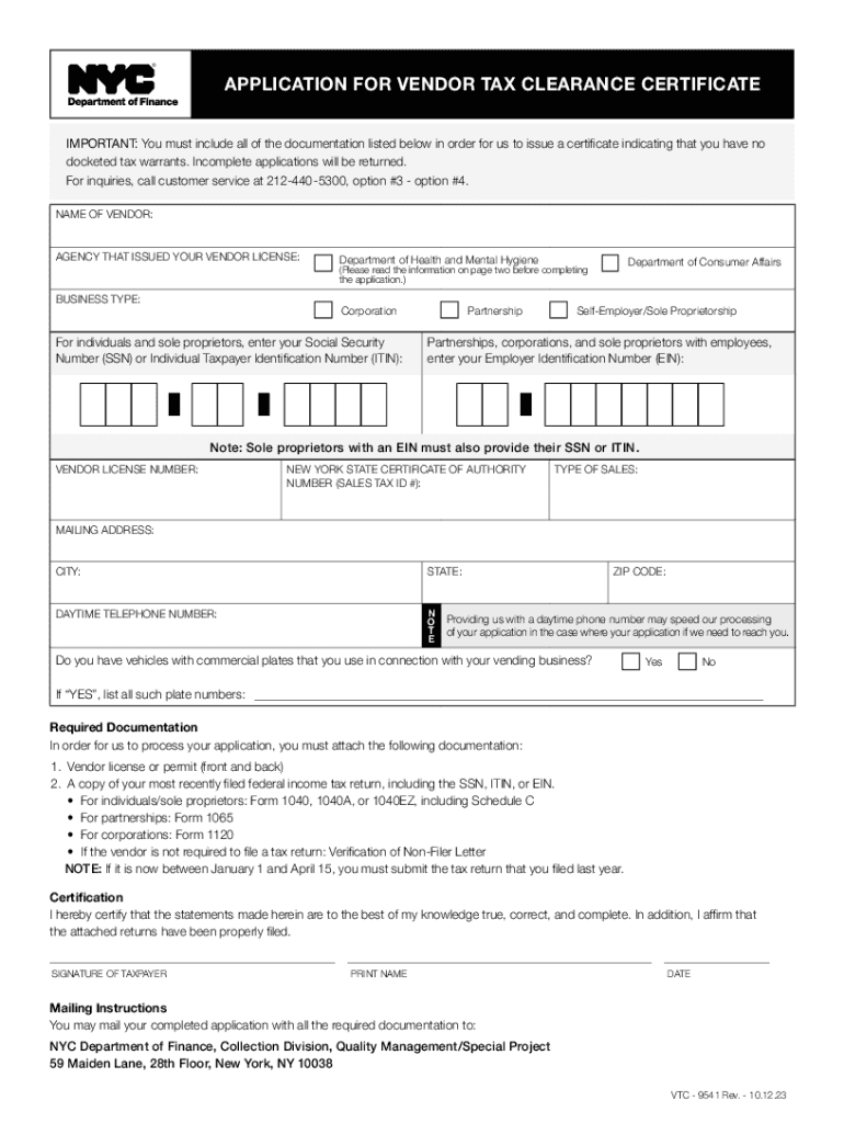 Application for vendor tax clearance certificate Fill out & sign