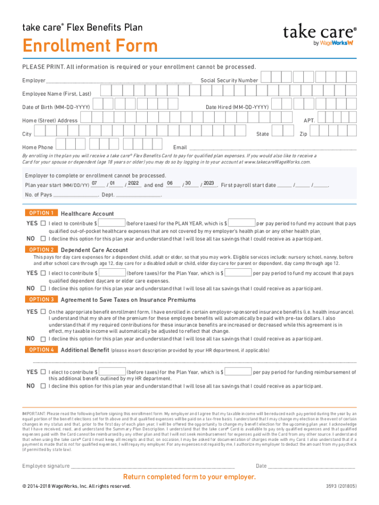 Fillable Online take care Flex Benefits Plan Enrollment Form Bedford