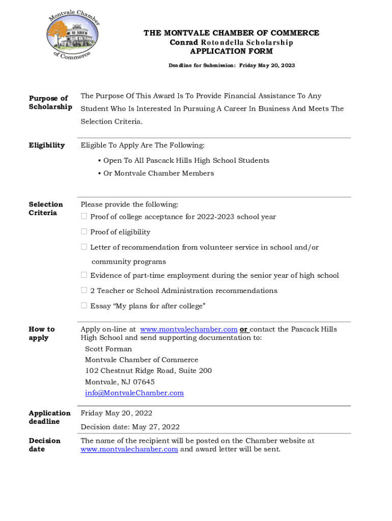 Fillable Online THE MONTVALE CHAMBER OF COMMERCE SCHOLARSHIP