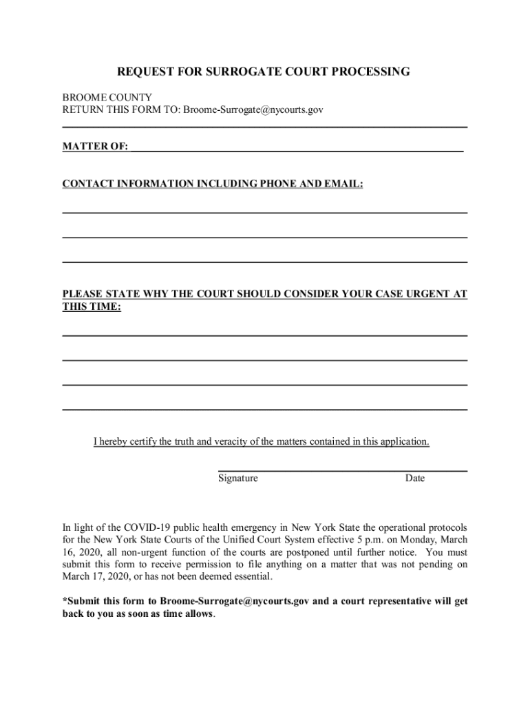Fillable Online REQUEST FOR SURROGATE COURT PROCESSING Fax Email Print
