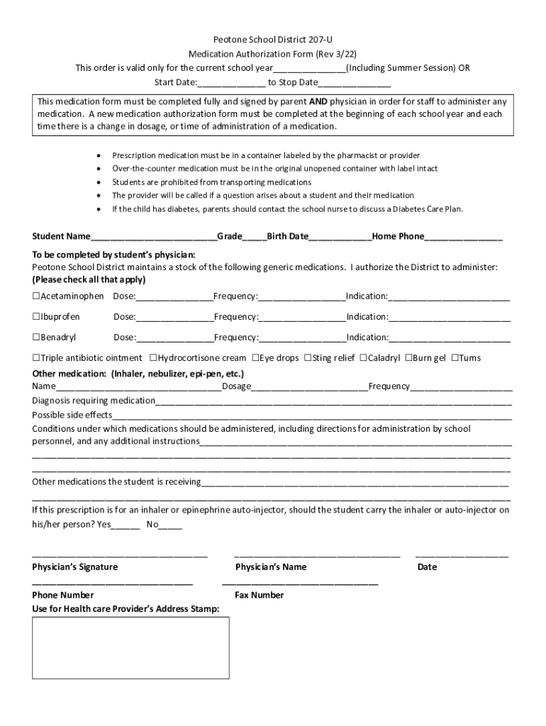 Fillable Online Peotone School District 207U Medication Authorization