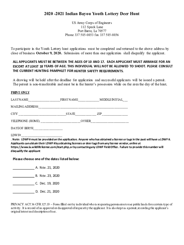 Fillable Online 2020 2021 Indian Bayou Youth Lottery Deer Hunt Fax