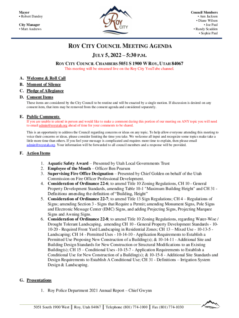 Fillable Online ROY CITY COUNCIL CHAMBERS 5051 S 1900 W ROY, UTAH 84067