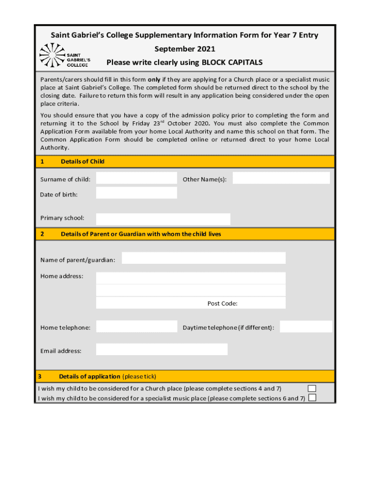 Fillable Online Saint Gabriel's College Supplementary Information Form