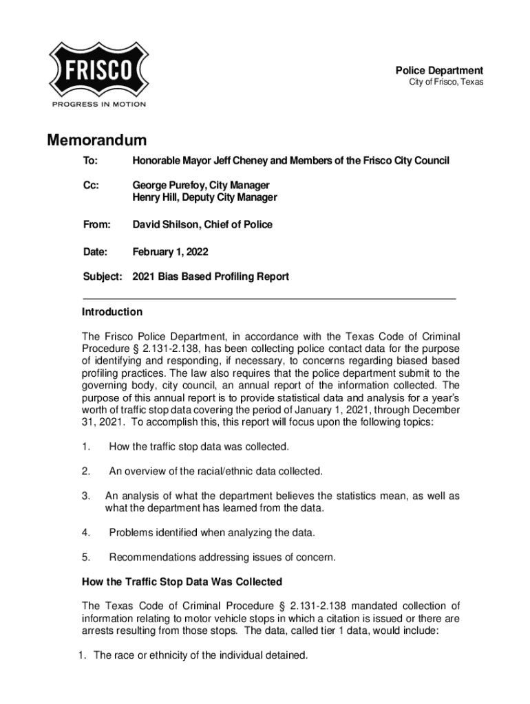 Fillable Online 2021 Frisco PD Bias Based Profiling Report Fax Email