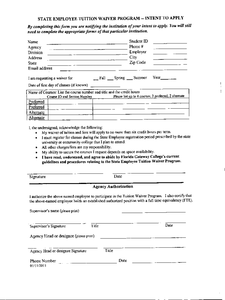 Fillable Online STATE EMPLOYEE TUITION WAIVER PROGRAM INTENT TO APPLY