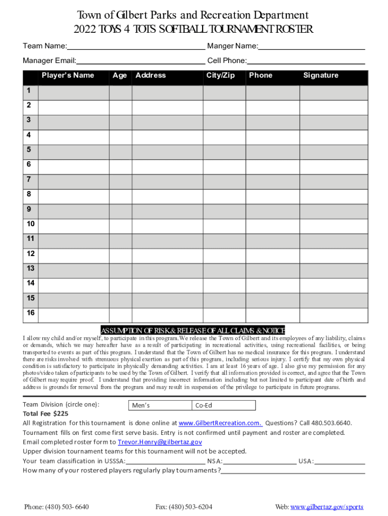 Fillable Online Town of Gilbert Parks and Recreation Department 2022