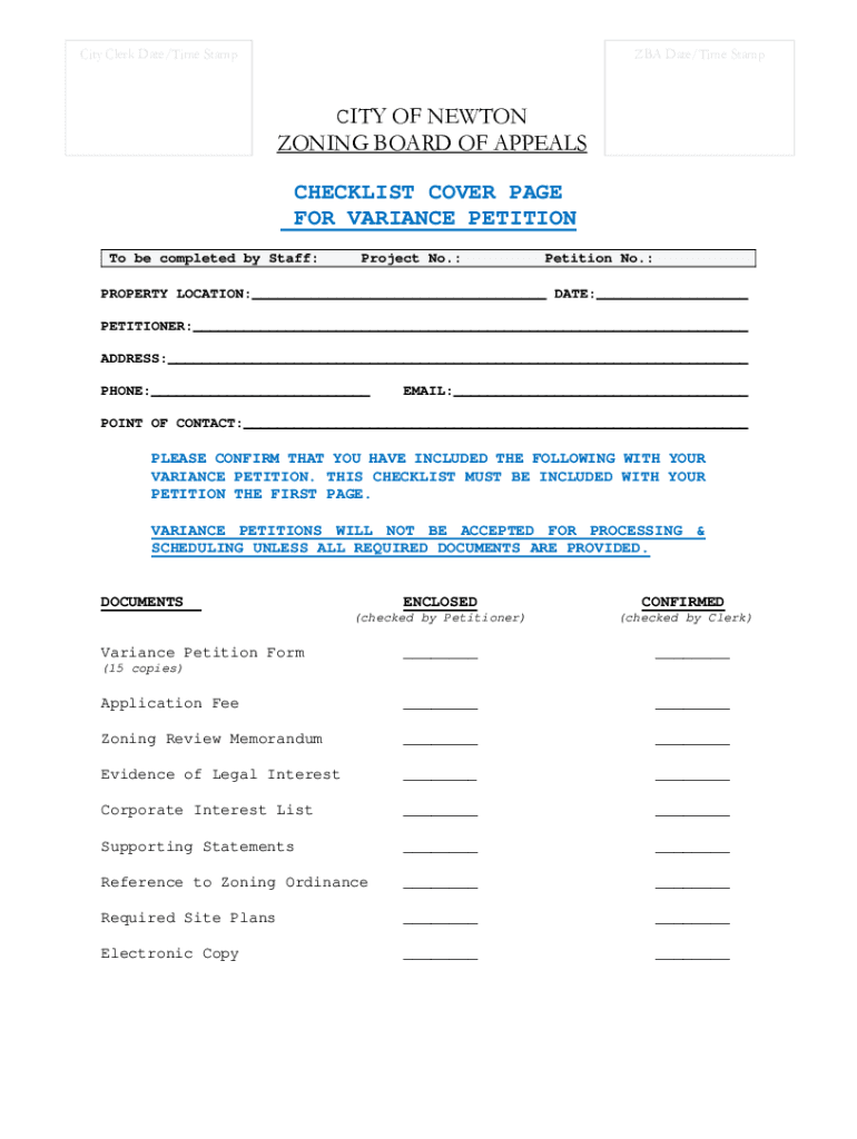 Fillable Online CITY OF NEWTON ZONING BOARD OF APPEALS CHECKLIST