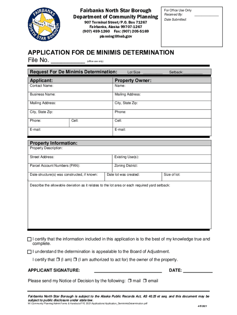 Fillable Online APPLICATION FOR DE MINIMIS DETERMINATION File No. Fax