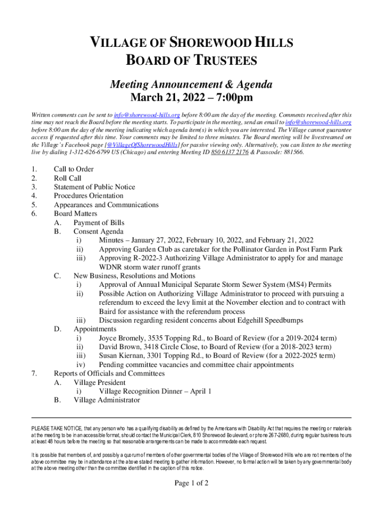 Fillable Online Board of Trustees Village of Shorewood Hills Fax