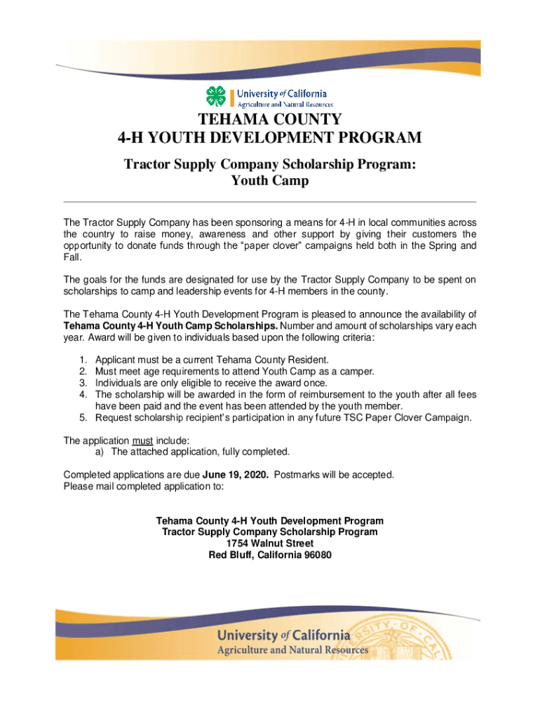 Fillable Online TEHAMA COUNTY 4H YOUTH DEVELOPMENT PROGRAM Fax Email