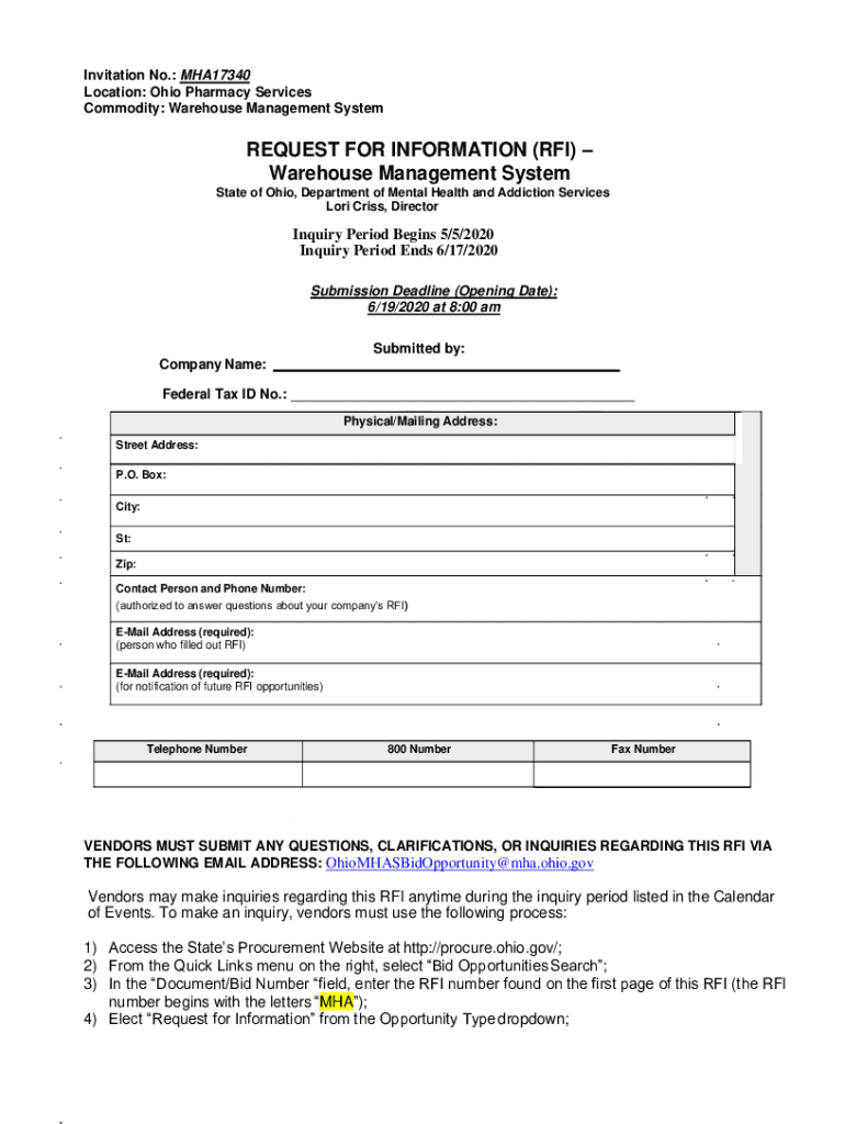 Fillable Online procure ohio REQUEST FOR INFORMATION (RFI) Warehouse