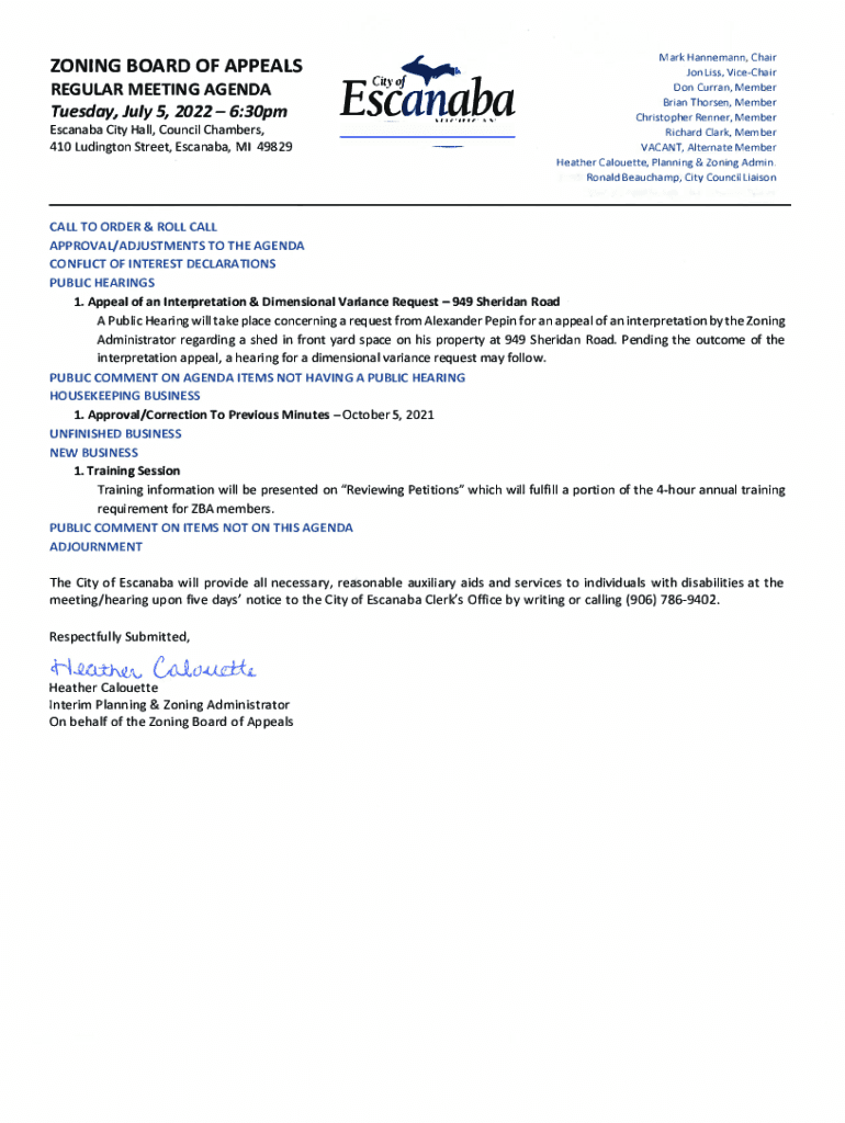 Fillable Online Escanaba City Hall, Council Chambers, Fax Email Print