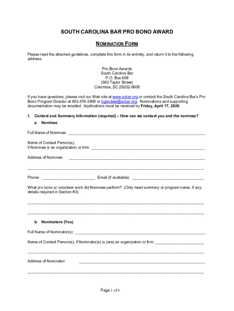 Fillable Online south carolina bar pro bono award nomination form Fax