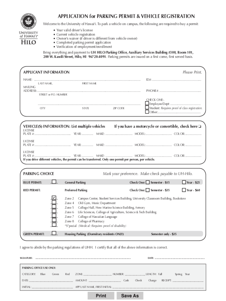 Fillable Online hilo hawaii Application for Parking Permit & Vehicle