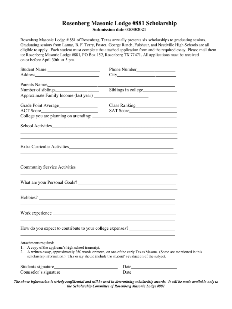 Fillable Online Scholarship Application Rosenberg Masonic Lodge 881