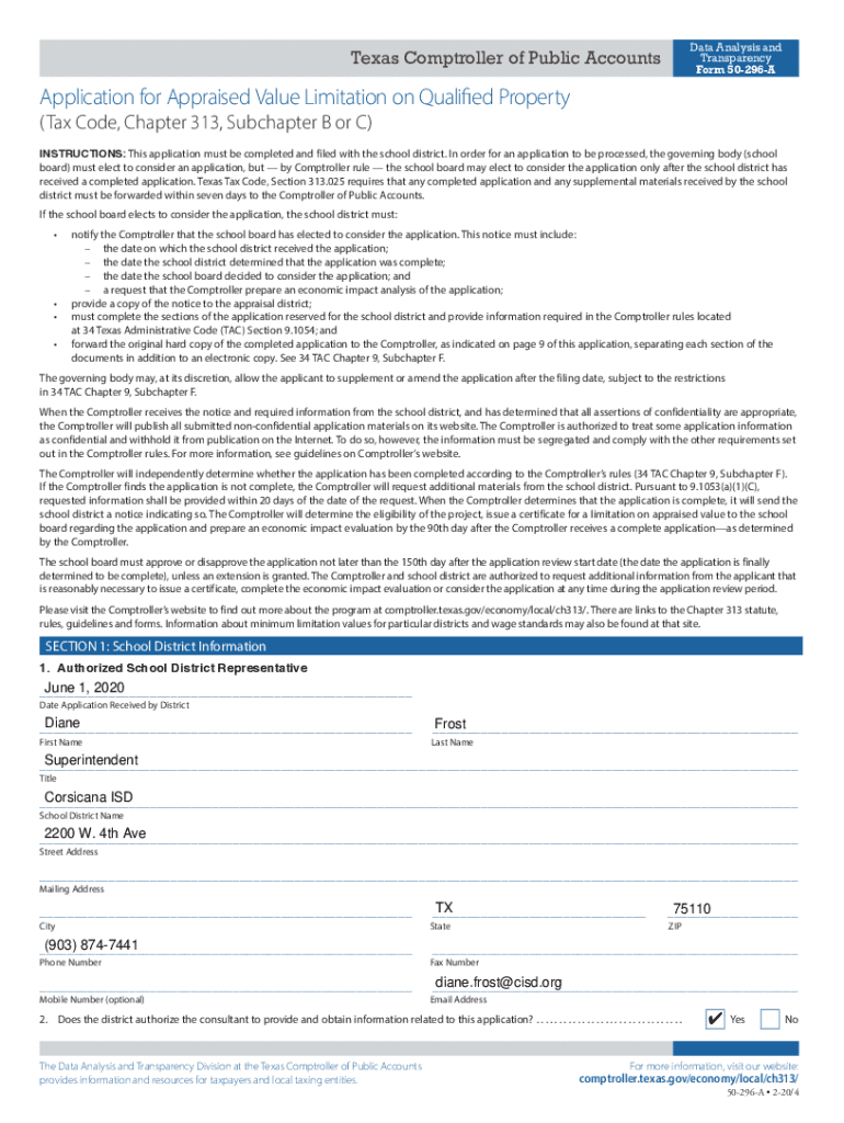 Fillable Online 50296A Application for Appraised Value Limitation on