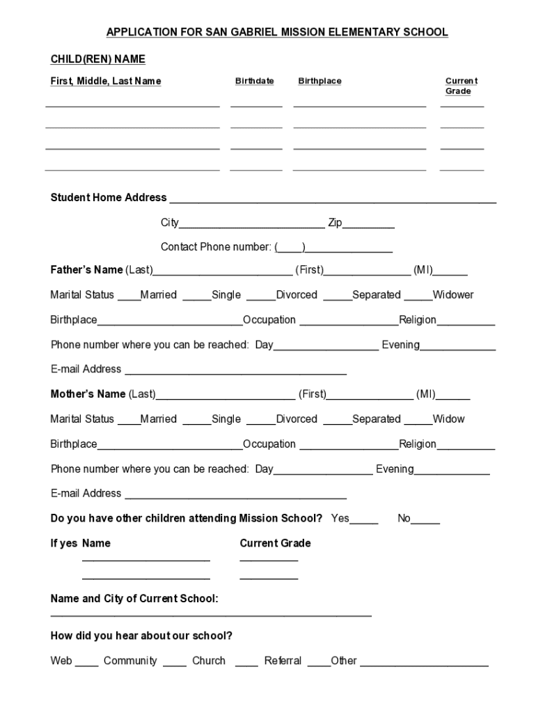 Fillable Online application for san gabriel mission elementary school child Fax Email Print