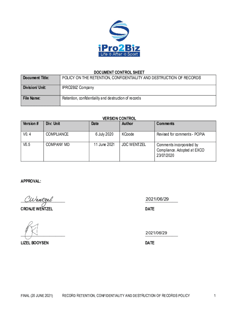 Fillable Online Document Record Retention and Destruction Policy