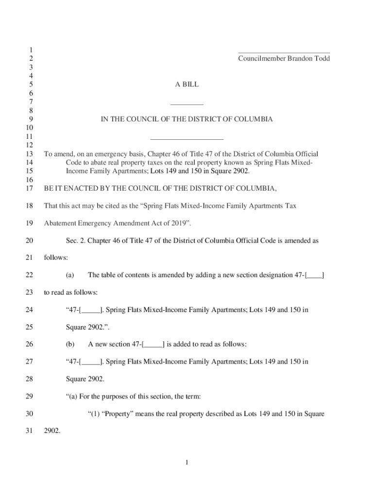 Fillable Online 1 Councilmember Brandon Todd 2 3 4 A BILL 5 6 DC