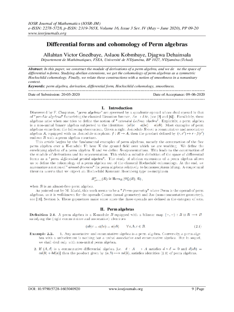 Fillable Online Differential forms and cohomology of Perm algebras Fax