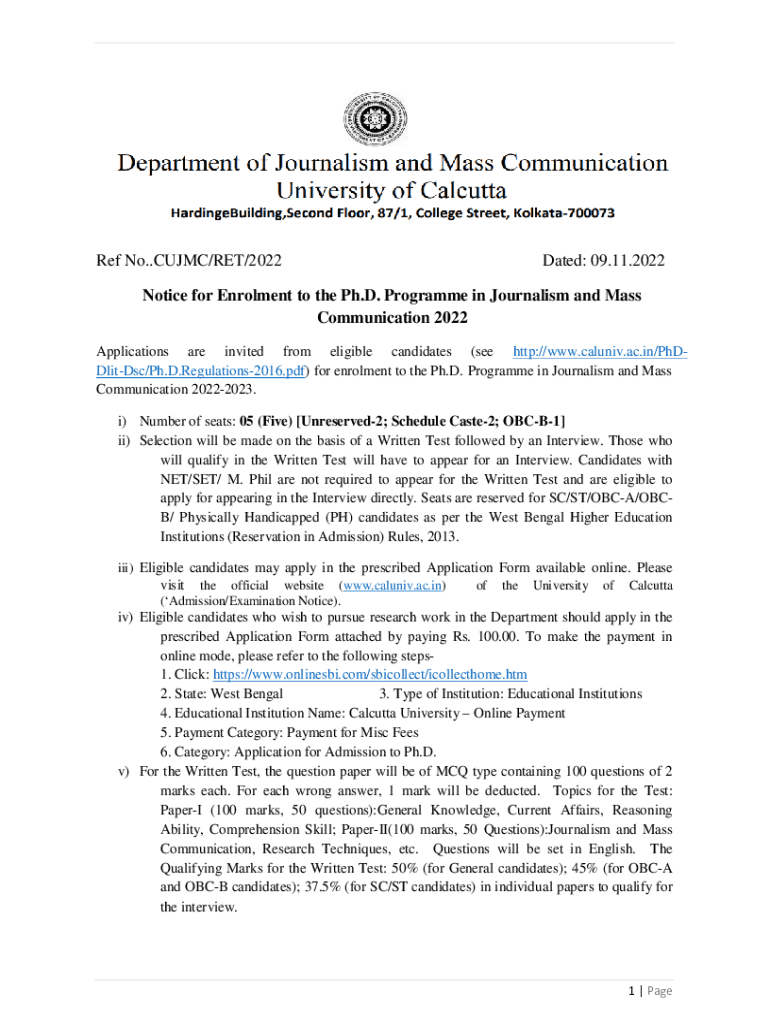 Fillable Online Research Entrance Test (RET) for admission to Ph.D