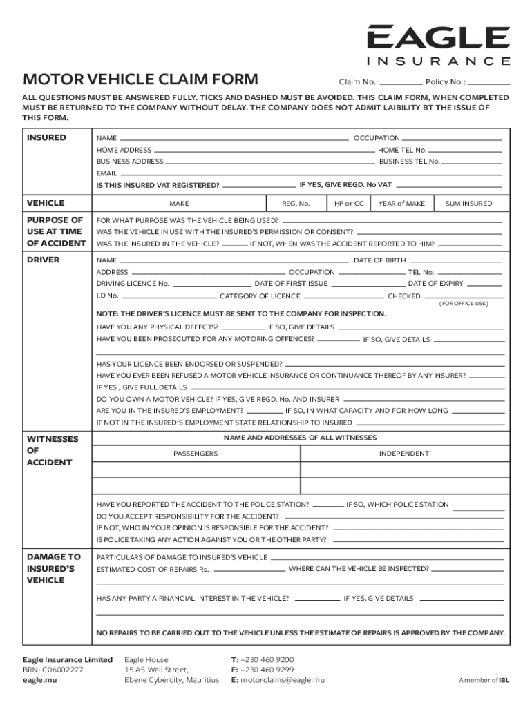 Fillable Online EAGLE INSURANCE MOTOR VEHICLE CLAIM FORM 090519 Fax