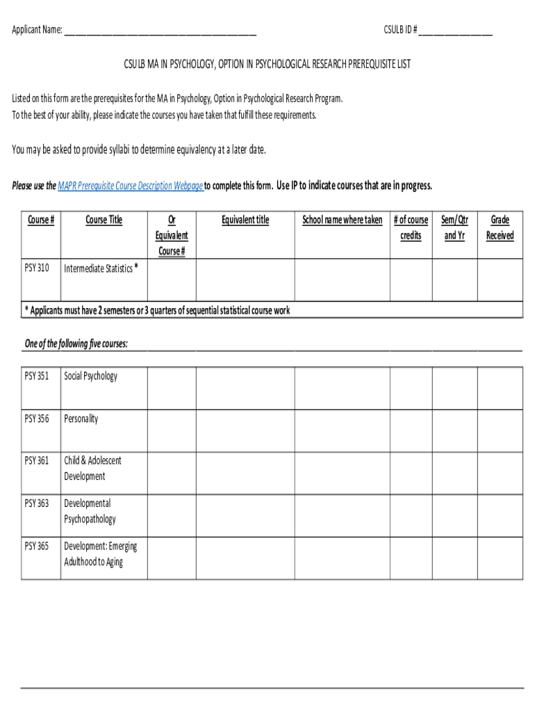 Fillable Online CSULB MA IN PSYCHOLOGY, OPTION IN Fax Email Print