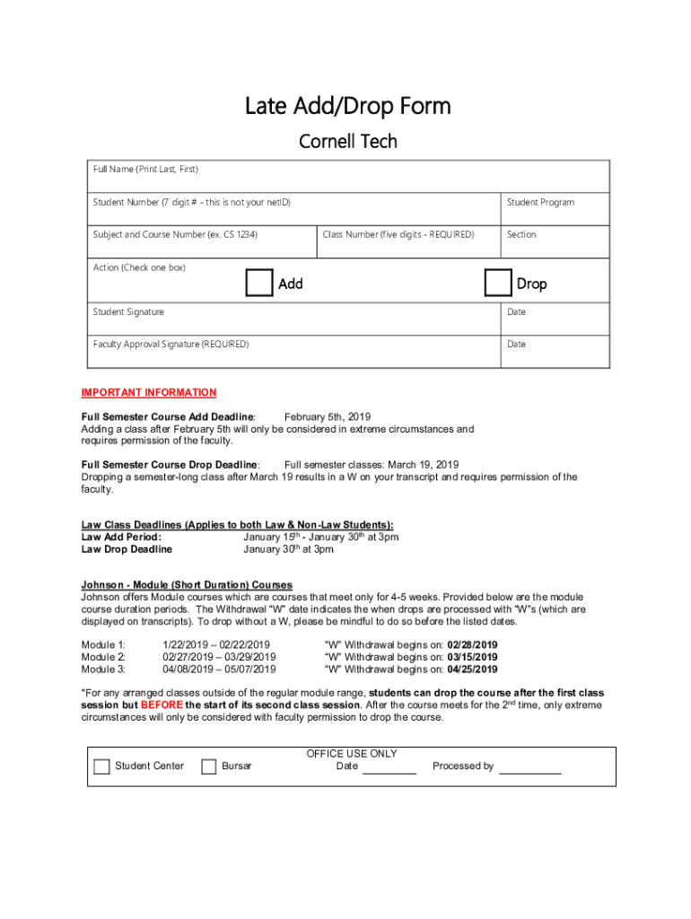 Fillable Online Add Drop Form Student.pdf Cornell University