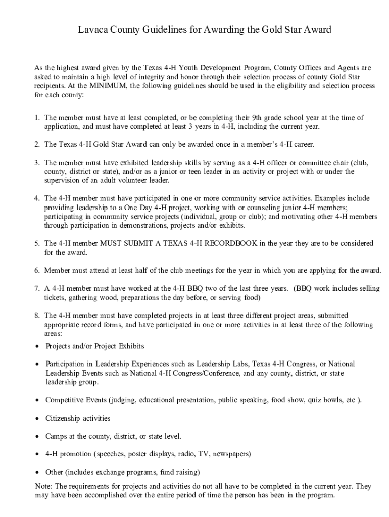 Fillable Online Lavaca County Guidelines for Awarding the Gold Star